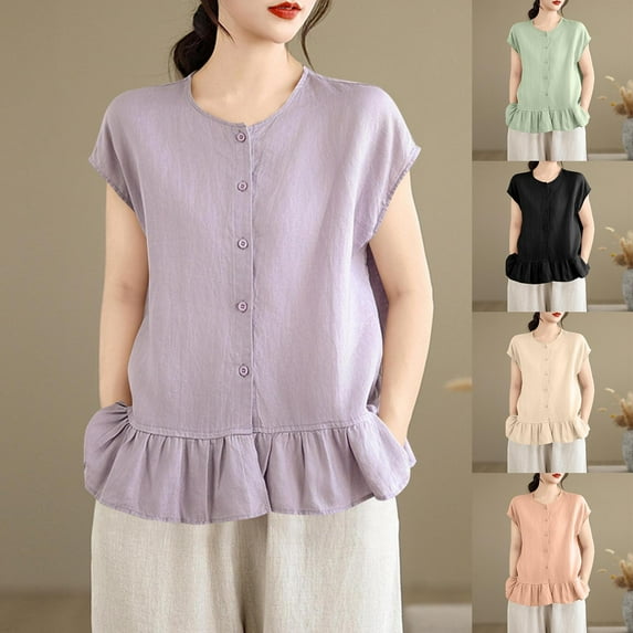 FRSASU Womens Ruffle Hem Shirts Short Sleeve Peplum Cardigans Crew Neck Button Cotton Linen Tops Purple