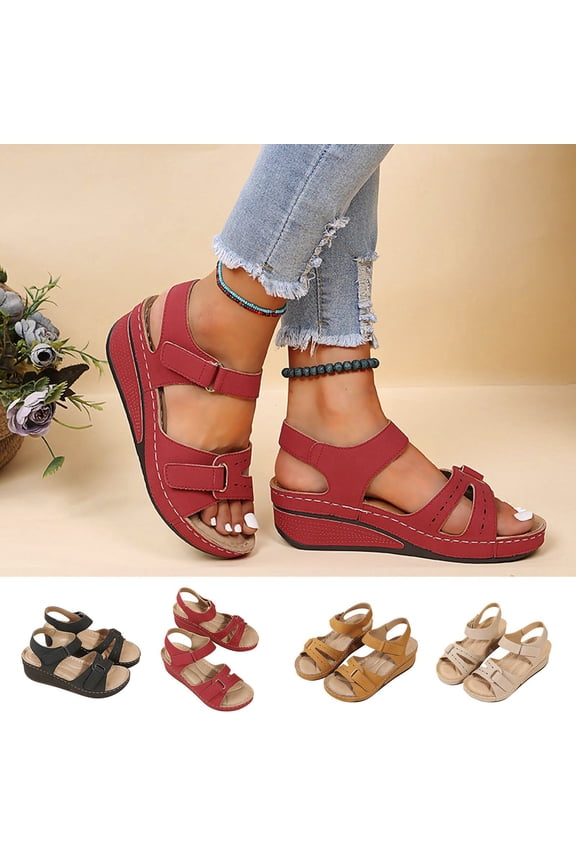 Womens Sandals Wedge Heels: Summer Dressy Platforms Shoes Casual Comfortable Open Toe Walking Footwear Red
