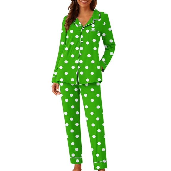 FRSASU Womens Satin Pajama Set Classic Polka Dot Printed Pattern Silky Pajama Sets Button Down Sleepwear Loungewear with Pockets Green