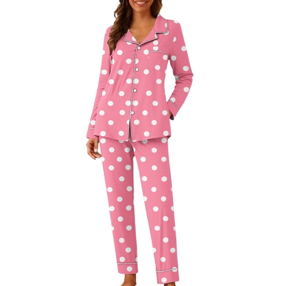 FRSASU Womens Satin Pajama Set Classic Polka Dot Printed Pattern Silky Pajama Sets Button Down Sleepwear Loungewear with Pockets Pink