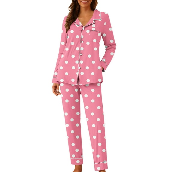 FRSASU Womens Satin Pajama Set Classic Polka Dot Printed Pattern Silky Pajama Sets Button Down Sleepwear Loungewear with Pockets Pink