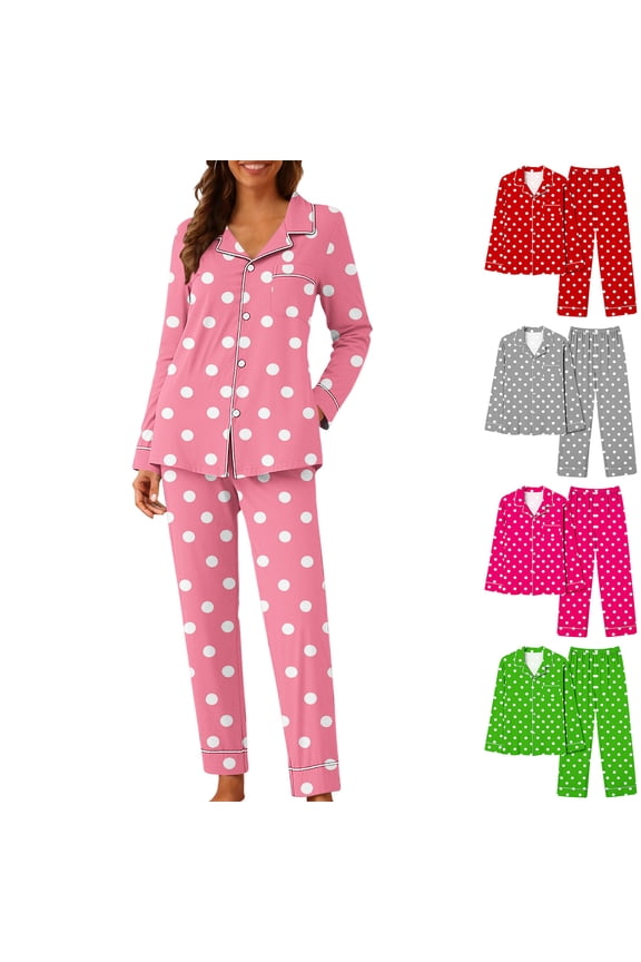 Womens Satin Pajama Set Classic Polka Dot Printed Pattern Silky Pajama Sets Button Down Sleepwear Loungewear with Pockets Red
