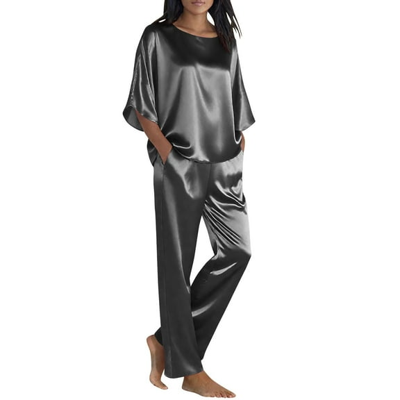 FRSASU Womens Satin Solid Pajamas Set Fashion 3/4 Bat Sleeves Crewneck Loose Shirts Tops Elastic Waist Straight Leg Pants Lounge Outfits Dark Gray XL(XL)