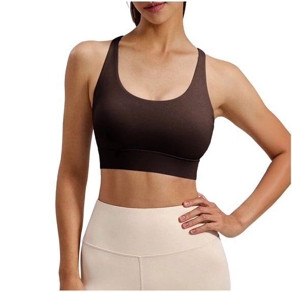 FRSASU Womens Seamless Strappy Longline Sports Bra Scoop Neck Criss Cross Padded Yoga Workout Cami Coffee