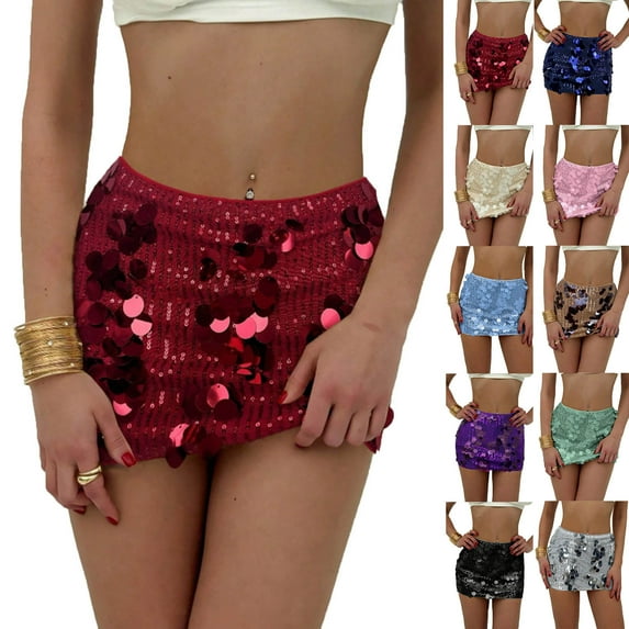 FRSASU Womens Sequin Skirts Sparkly Knee Length Concert Mini Skirt Shiny Dance Club Rave Party Skirt for Women Silver