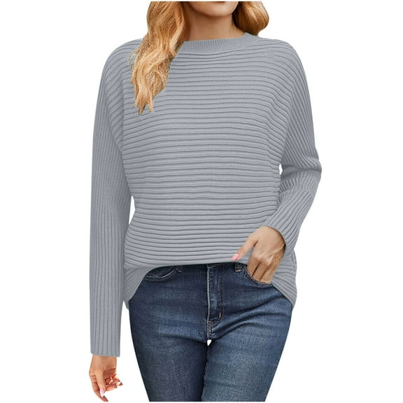 FRSASU Womens Shirts Round Neck Long Sleeve Solid Jacquard Casual Loose Fitted Blouses Tops Gray L(L)