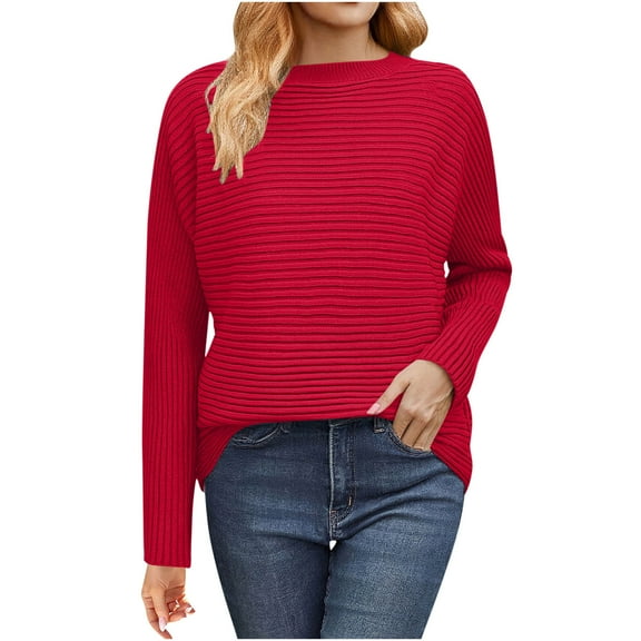 FRSASU Womens Shirts Round Neck Long Sleeve Solid Jacquard Casual Loose Fitted Blouses Tops Red L(L)