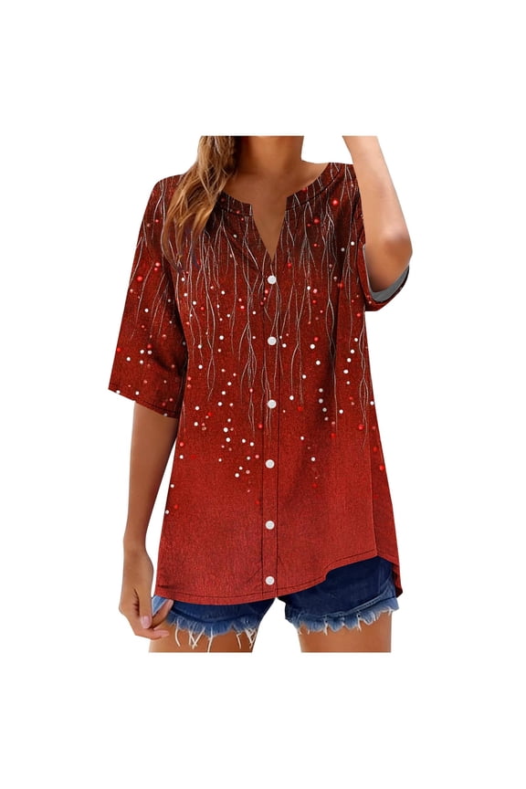 Womens Short Sleeve Button Down Shirts Cotton Linen Roll up Tops V Neck Casual Loose Fit Blouses Red