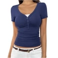 thumbnail image 1 of FRSASU Womens Short Sleeve Shirts V Neck Rib Knit Slim Fit Tops Casual Stretch Basic Tee Going Out Top Summer Fashion Blue, 1 of 6