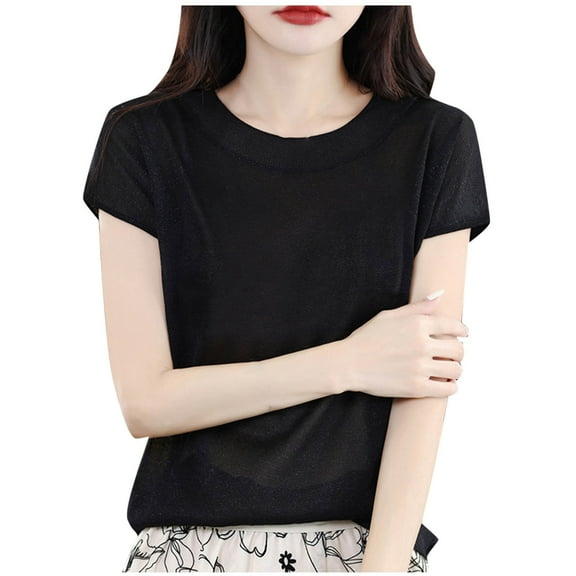 FRSASU Womens Short Sleeve Sweater Casual Basic Crew Neck Loose Knit Pullover Tops Summer Lightweight Blouses Black