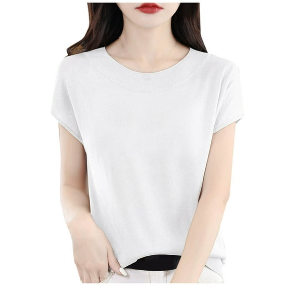 FRSASU Womens Short Sleeve Sweater Casual Basic Crew Neck Loose Knit Pullover Tops Summer Lightweight Blouses White