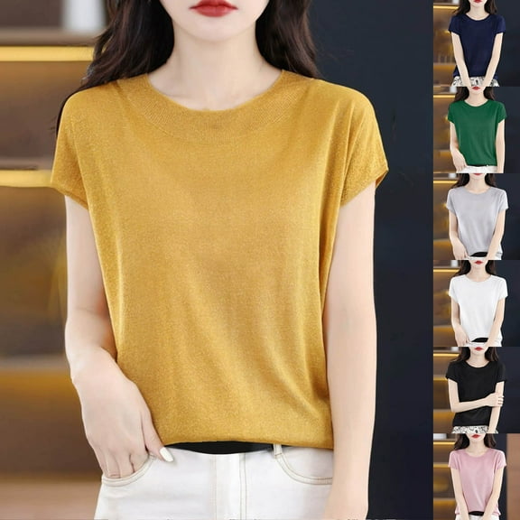 FRSASU Womens Short Sleeve Sweater Casual Basic Crew Neck Loose Knit Pullover Tops Summer Lightweight Blouses Yellow