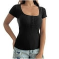 thumbnail image 1 of FRSASU Womens Short Sleeve Sweater Casual Summer Square Neck Button Pullover Tops Ribbed Knit Sweater Blouse Black, 1 of 4