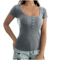 thumbnail image 1 of FRSASU Womens Short Sleeve Sweater Casual Summer Square Neck Button Pullover Tops Ribbed Knit Sweater Blouse Gray, 1 of 6