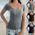 thumbnail image 1 of FRSASU Womens Short Sleeve Sweater Casual Summer Square Neck Button Pullover Tops Ribbed Knit Sweater Blouse Navy, 1 of 4