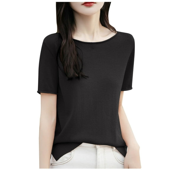FRSASU Womens Short Sleeve Sweater Tops Basic Lightweight Casual Crewneck Summer Loose Fit Knit Tees Shirts Black