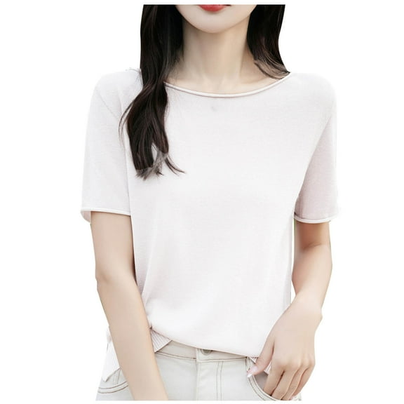 FRSASU Womens Short Sleeve Sweater Tops Basic Lightweight Casual Crewneck Summer Loose Fit Knit Tees Shirts White