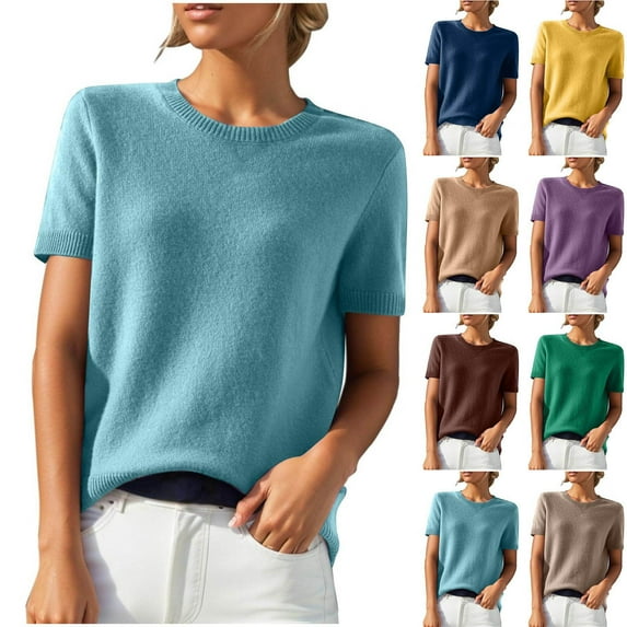 FRSASU Womens Short Sleeve Sweaters Crew Neck Shirts Business Casual Work Tops Fashion Solid Color Kintted Pullover Yellow