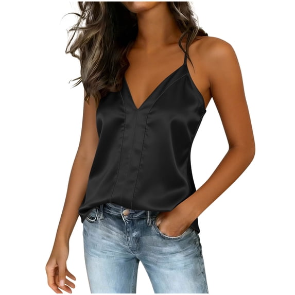FRSASU Womens Silk Satin Tank Tops V Neck Camisole Spaghetti Strap Top Summer Basic Blouse Black