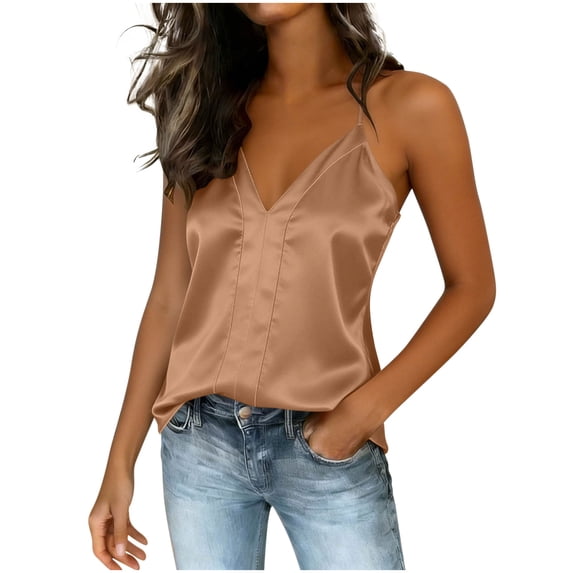 FRSASU Womens Silk Satin Tank Tops V Neck Camisole Spaghetti Strap Top Summer Basic Blouse Gold
