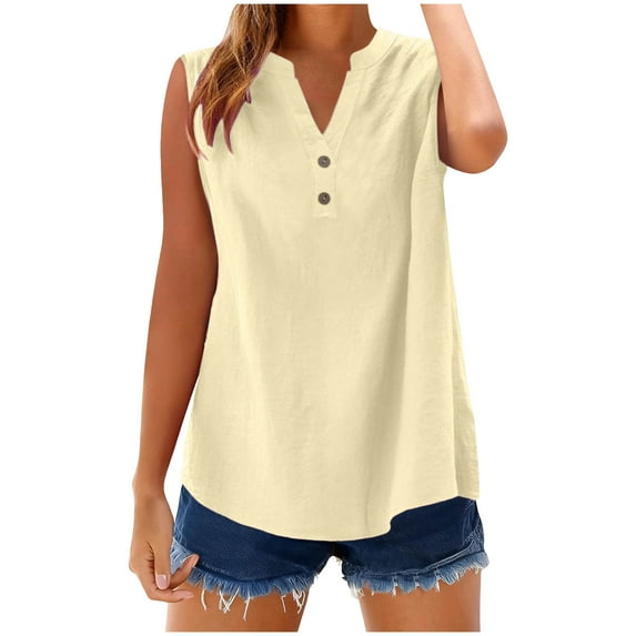 FRSASU Womens Sleeveless Button Down Shirts Cotton Linen Blouses Solid Color V Neck Casual Work Tank Tops Beige