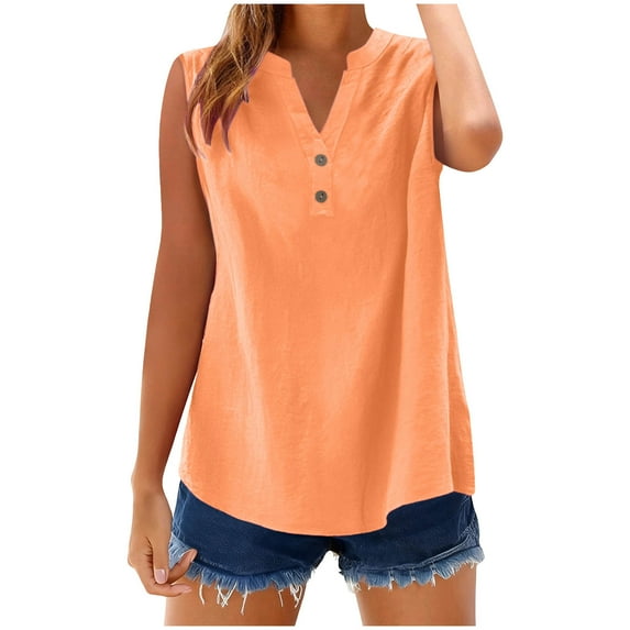 FRSASU Womens Sleeveless Button Down Shirts Cotton Linen Blouses Solid Color V Neck Casual Work Tank Tops Orange