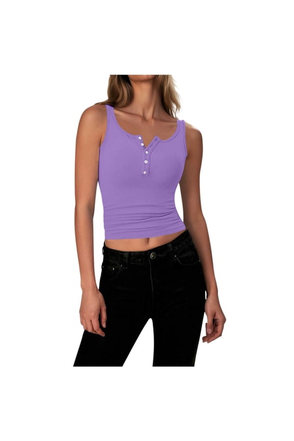 Womens Sleeveless Vest Button Down Ribbed Knit Tank Top Solid Color Scoop Neck Summer Trendy Vest Tops Purple