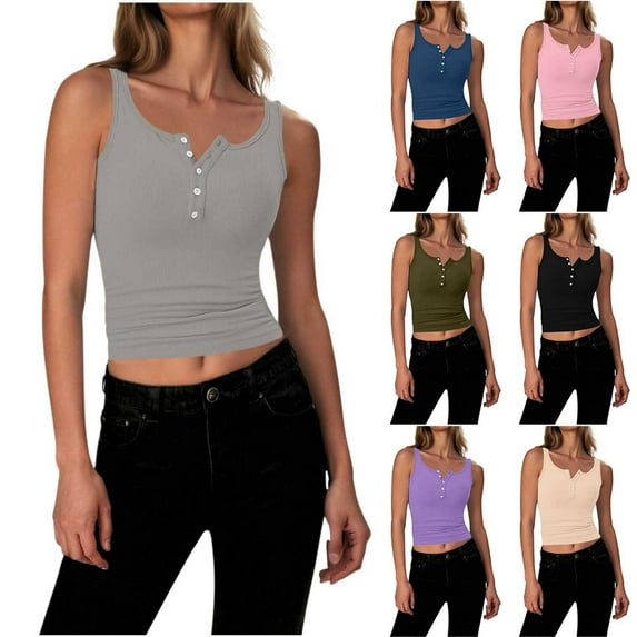 FRSASU Womens Sleeveless Vest Button Down Ribbed Knit Tank Top Solid Color Scoop Neck Summer Trendy Vest Tops Purple