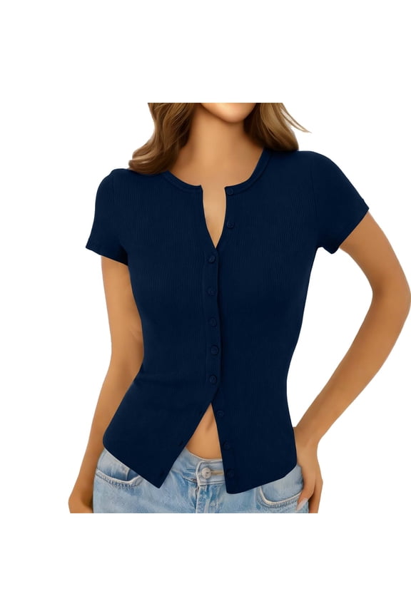 Womens Slim Fitted Shirts Short Sleeve Lightweight Cardigan Button Down Blouses Ribbed Tops Dark Blue