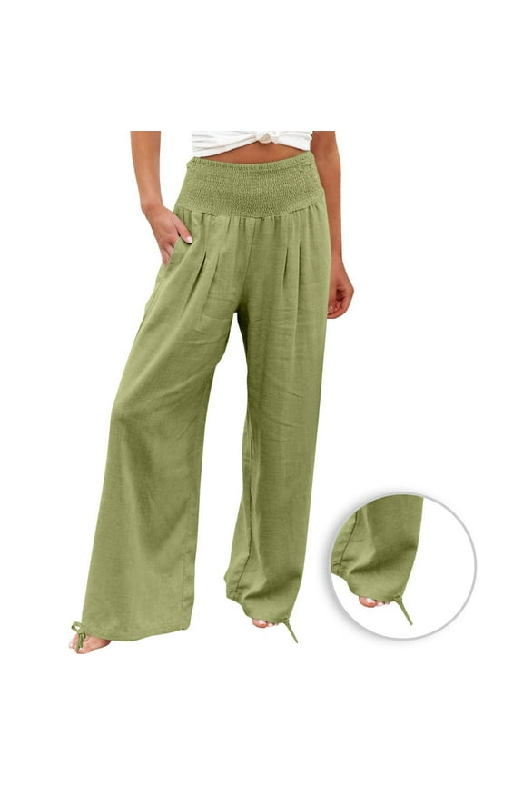 Womens Solid Color Casual Wide Leg Pants High Waisted Cotton Linen Straight Long Trousers Palazzo Pants Mint Green