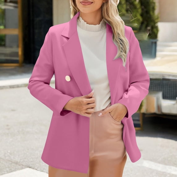 FRSASU Womens Solid Color Open Front Blazer Long Sleeve office Jacket Work Cardigan with Pockets Hot Pink