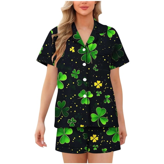 FRSASU Womens St. Patricks Day Pajamas Set Luck Clover Short Sleeve Button-Down Cardigan Collar Shirts Top Pj Shorts Black-K