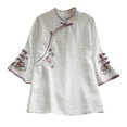 thumbnail image 1 of FRSASU Womens Standing Collar Seven Quarter Sleeves Slanted Placket Buttoned Embroidery Cotton and Linen Top White, 1 of 4