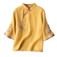 thumbnail image 1 of FRSASU Womens Standing Collar Seven Quarter Sleeves Slanted Placket Buttoned Embroidery Cotton and Linen Top Yellow, 1 of 4