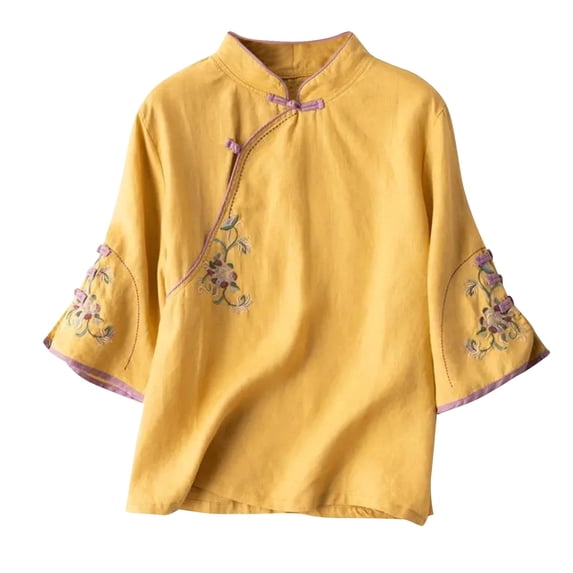 FRSASU Womens Standing Collar Seven Quarter Sleeves Slanted Placket Buttoned Embroidery Cotton and Linen Top Yellow