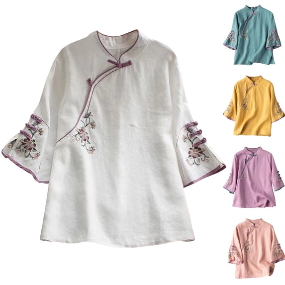 FRSASU Womens Standing Collar Seven Quarter Sleeves Slanted Placket Buttoned Embroidery Cotton and Linen Top Yellow