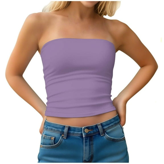 FRSASU Womens Strapless Tube Tops Basic Backless Sleeveless Solid Color Going Out Fashion Cute Summer Clothes Purple M(M)