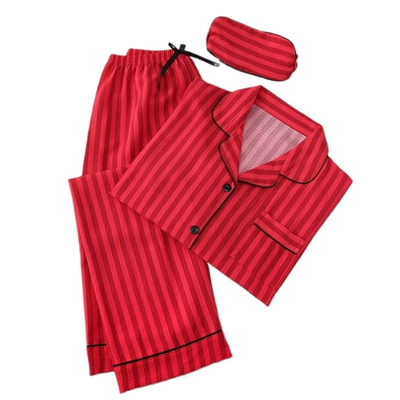 FRSASU Womens Striped Pajamas Set 2 Piece Cotton Button Pjs Sleepwear Long Sleeve Shirt Pants Lounge Set and eye mask Red