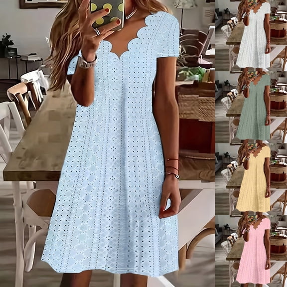 FRSASU Womens Summer Casual Dresses Baggy V-Neck Short Sleeve Plain Color Palace Lock Dress Knee Length Hollow Out Midi Sundress Yellow