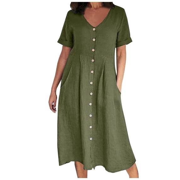 FRSASU Women's Summer Maxi Dress Cotton Linen V-Neck Casual Short Sleeve Beach Vacation Dresses with Pockets Army Green