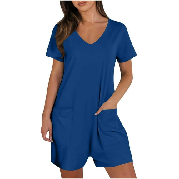 FRSASU Womens Summer Casual Short Sleeve Romper Loose Shorts Jumpsuits with Pockets Blue 6(M)