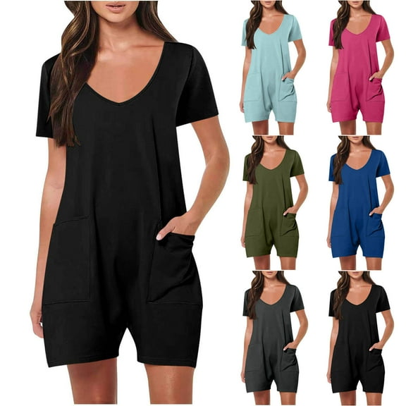 FRSASU Womens Summer Casual Short Sleeve Romper Loose Shorts Jumpsuits with Pockets Light Blue 10(XL)