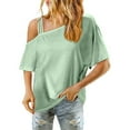 thumbnail image 1 of FRSASU Womens Summer Cold off Shoulder Tops Solid Color Casual Cute Short Sleeve Round Neck Loose Fit T Shirts Blouse Green, 1 of 8