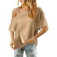 thumbnail image 1 of FRSASU Womens Summer Cold off Shoulder Tops Solid Color Casual Cute Short Sleeve Round Neck Loose Fit T Shirts Blouse Khaki, 1 of 8