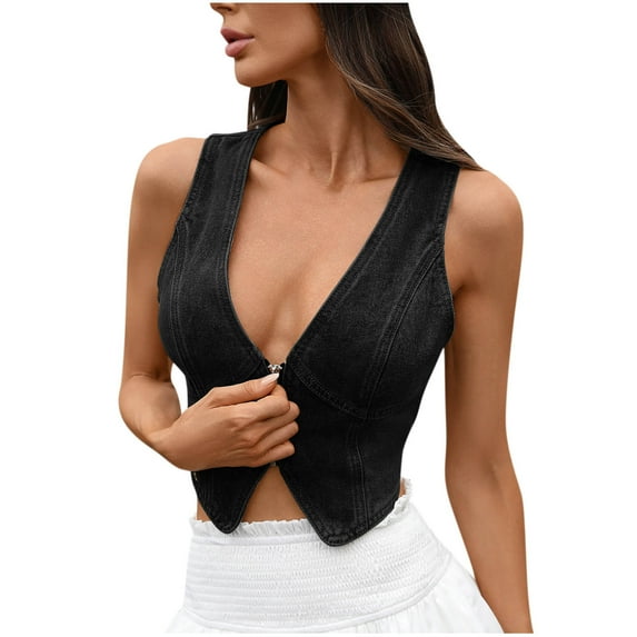 FRSASU Womens Summer Cropped Denim Vest, V-Neck Crop Western Jean Vest Top for Women Trendy Outfits Black