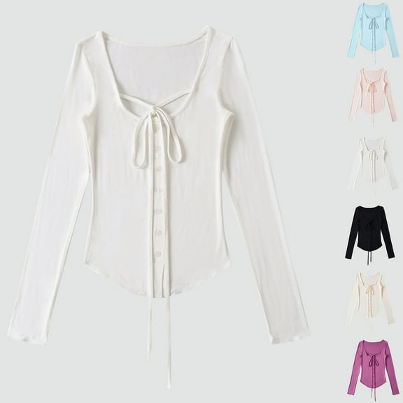 FRSASU Womens Summer/Fall Tops Dressy Solid Color Casual Long Sleeve Button Crew Neck Loose Shirts White S(S)