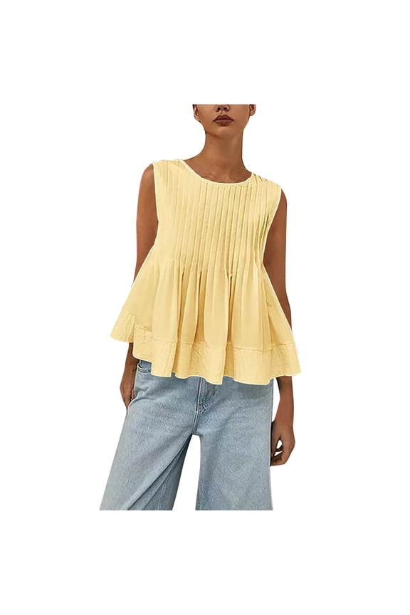 Womens Summer Pleated Peplum Sleeveless Blouse Tank Tops Solid Round Neck Shirt Yellow L(L)