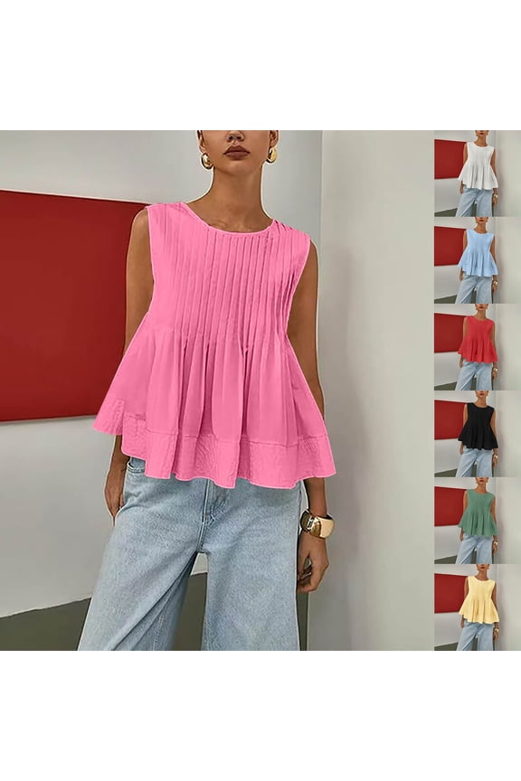 Womens Summer Pleated Peplum Sleeveless Blouse Tank Tops Solid Round Neck Shirt Yellow XS(XS)