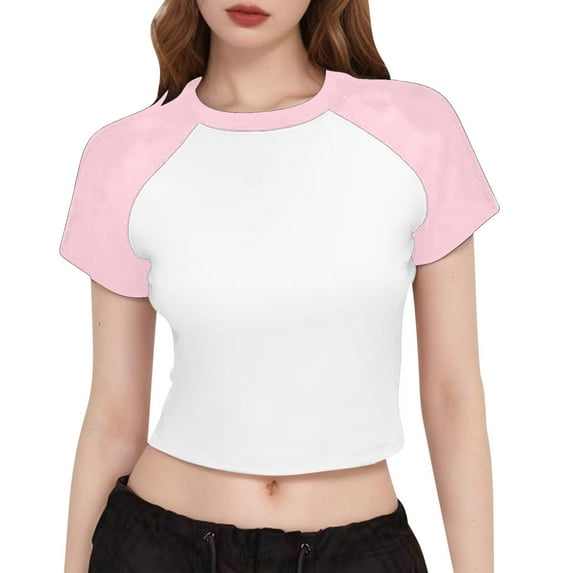 FRSASU Womens Summer Short Sleeve T Shirts Slim Fitted Raglan Color Block Crop Tops Basic Casual Stretchy Tee Pink