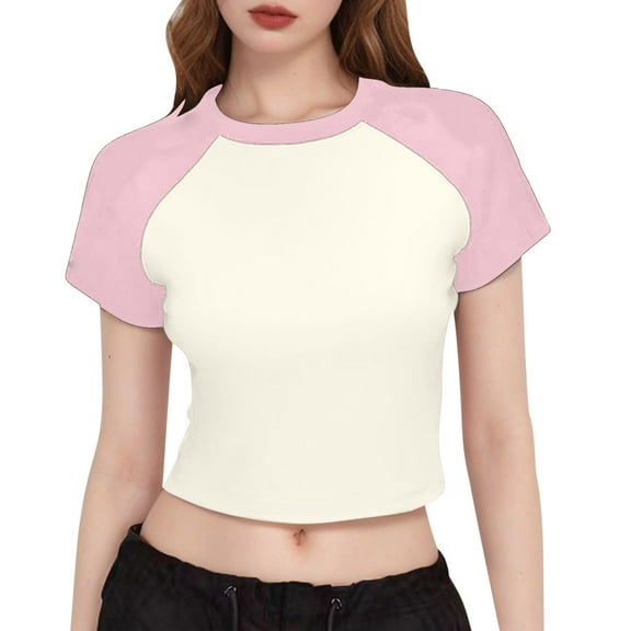 FRSASU Womens Summer Short Sleeve T Shirts Slim Fitted Raglan Color Block Crop Tops Basic Casual Stretchy Tee Red